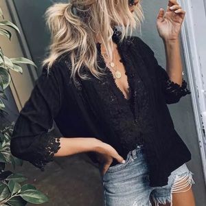 Black Bohemian Lace Crochet Button Front Blouse